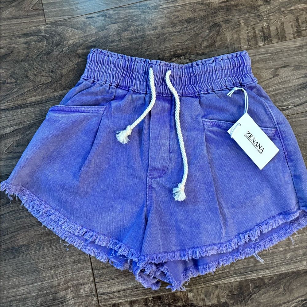Zenana Outfitters Lavender Drawstring Frayed-Hem Athletic Shorts